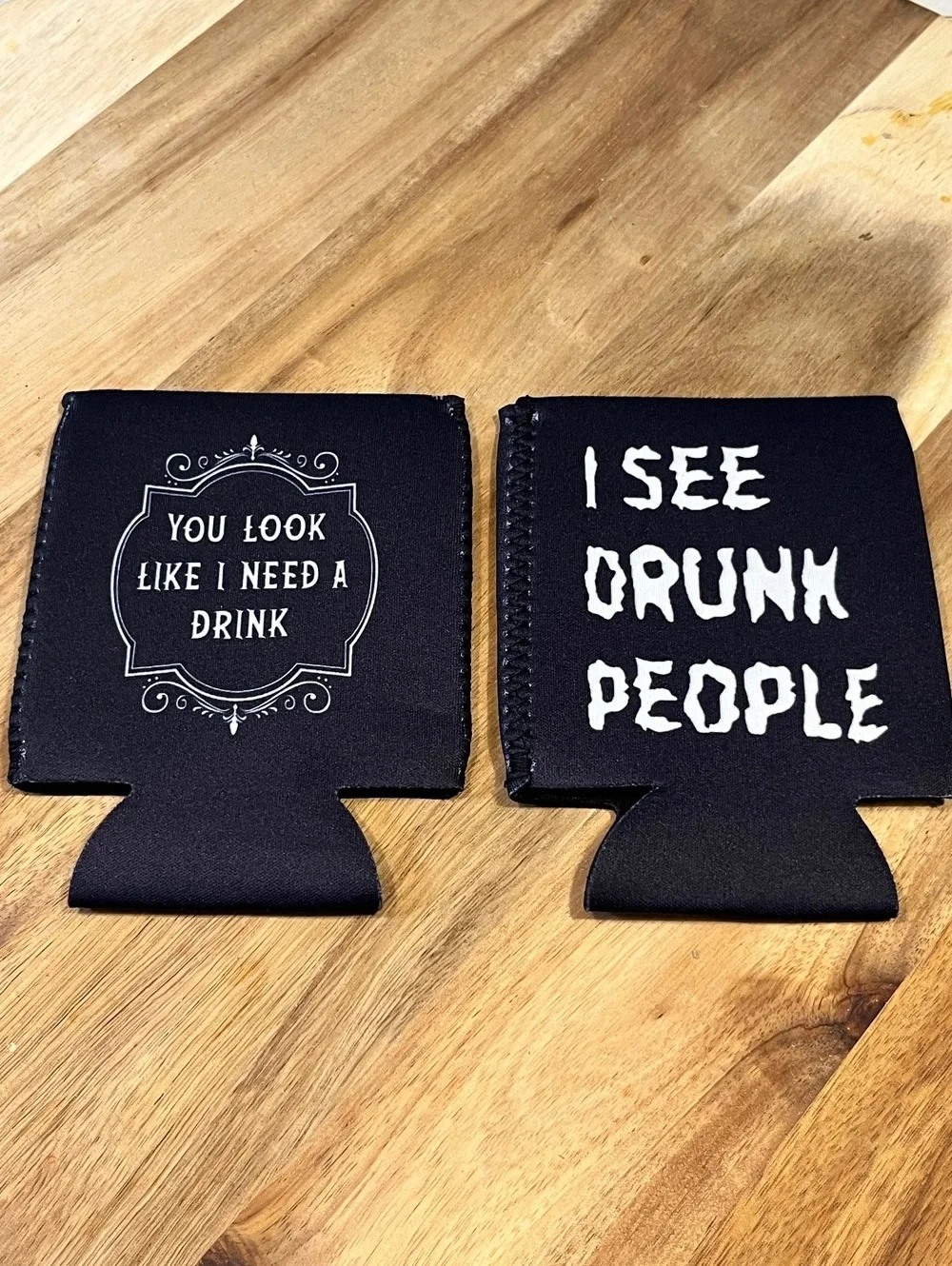 Pair of fun 2-sided beer/pop/soda cozy